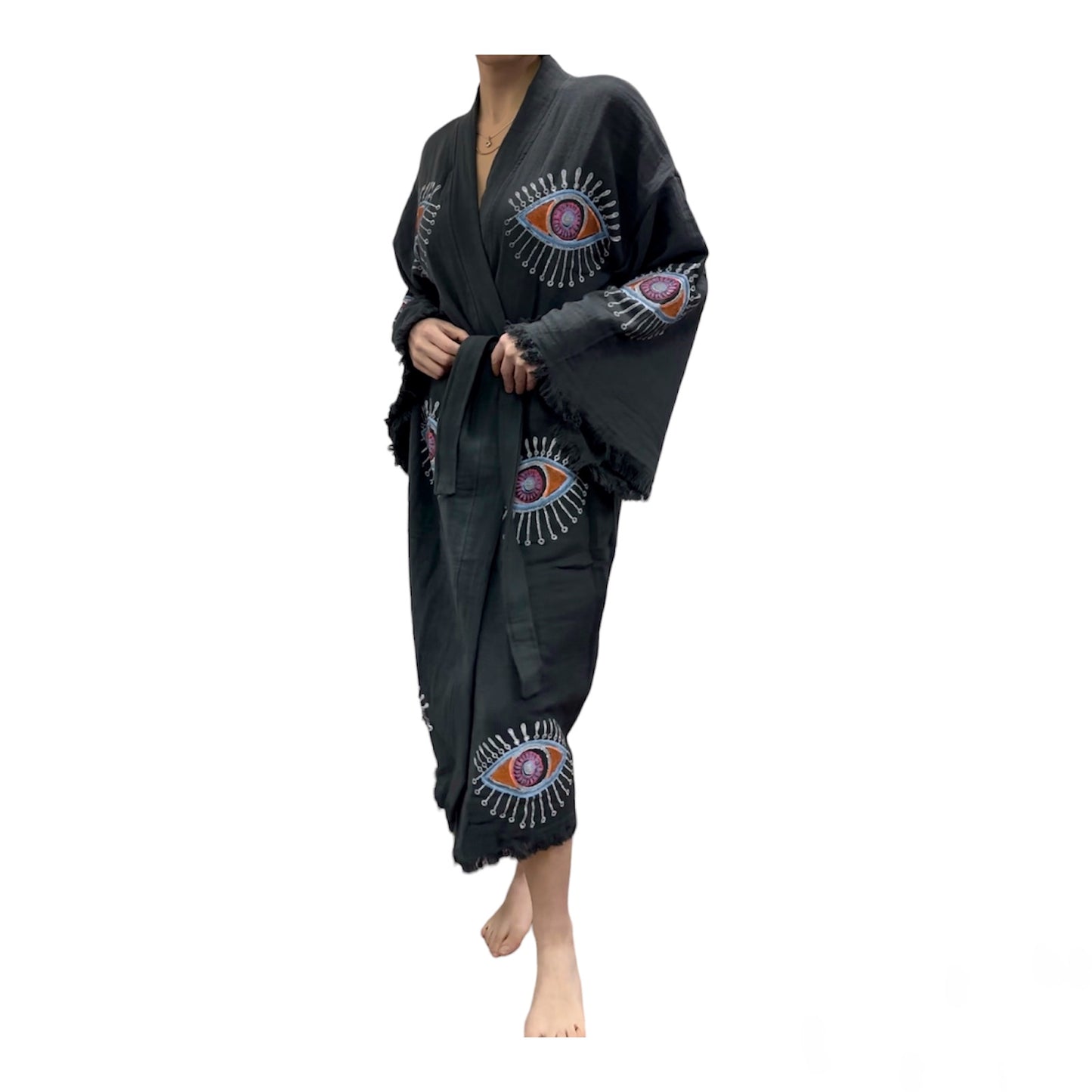 Charcoal Gray Kimono with Evil Eye Design