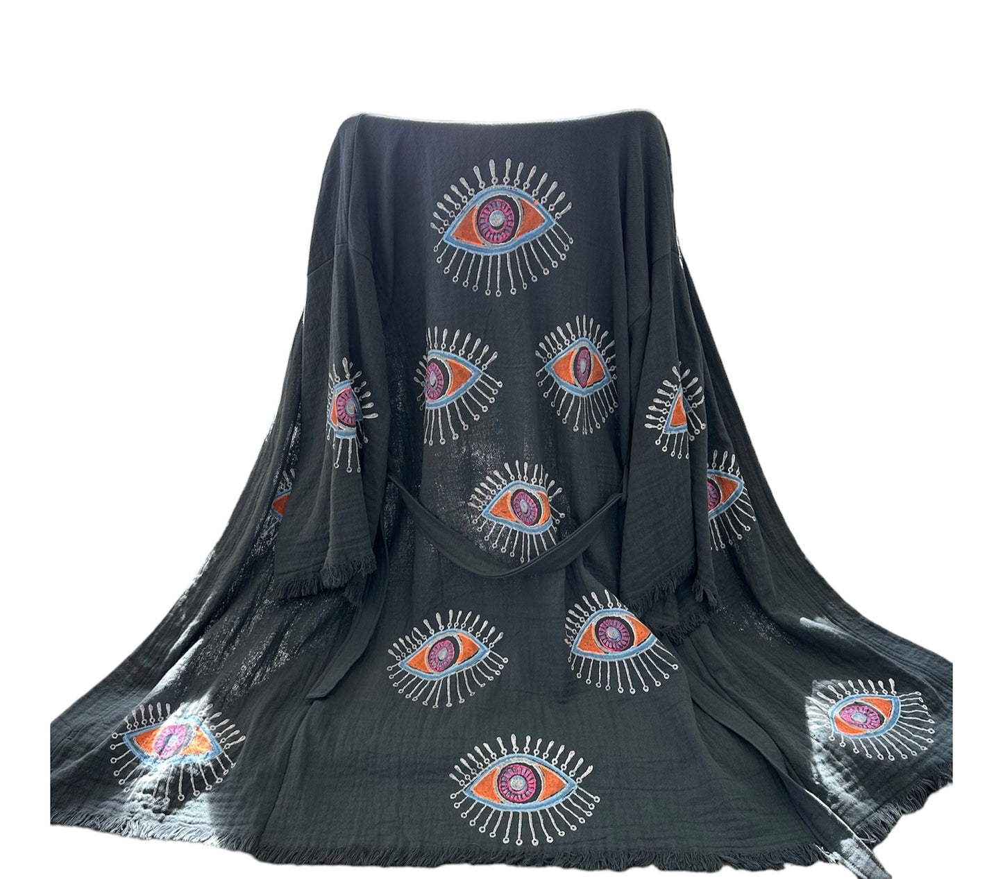 Charcoal Gray Kimono with Evil Eye Design