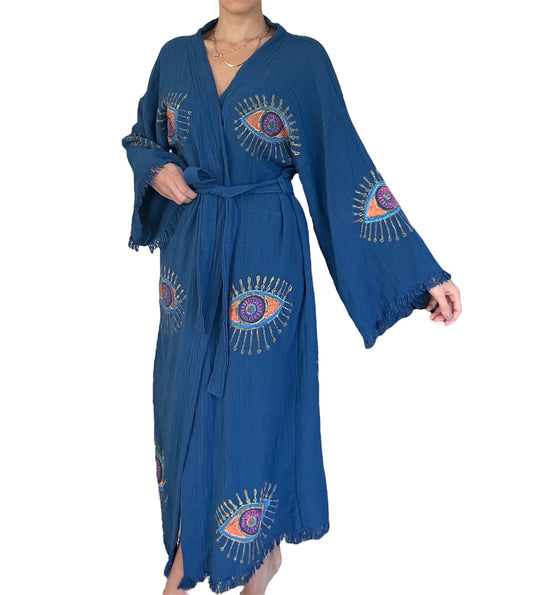 Evil Eye Kimono Robe Royal Blue