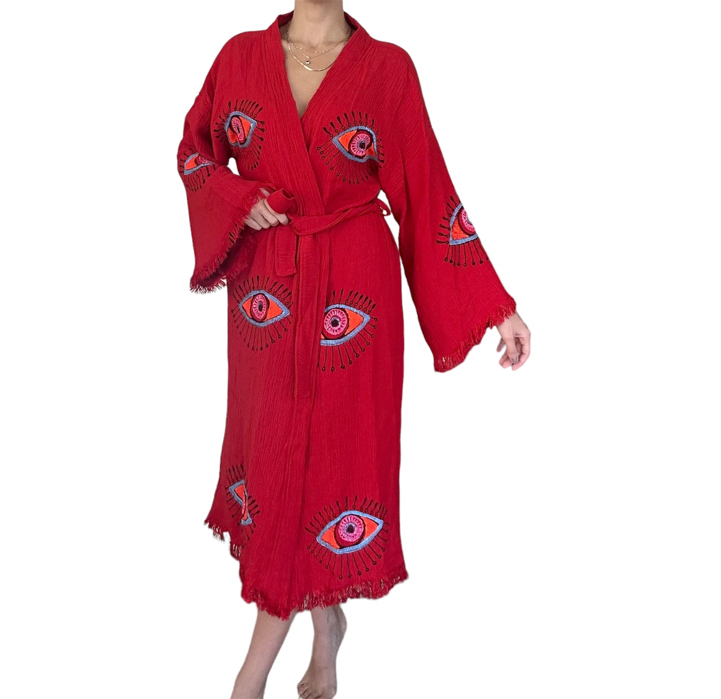 Majestic Red Kimono with Evil Eye Design