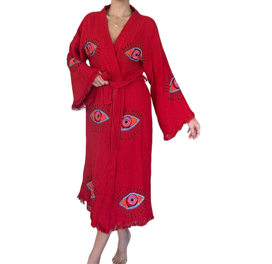 Majestic Red Kimono with Evil Eye Design