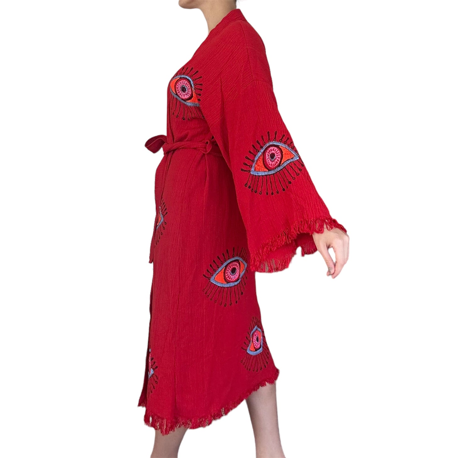 Majestic Red Kimono with Evil Eye Design