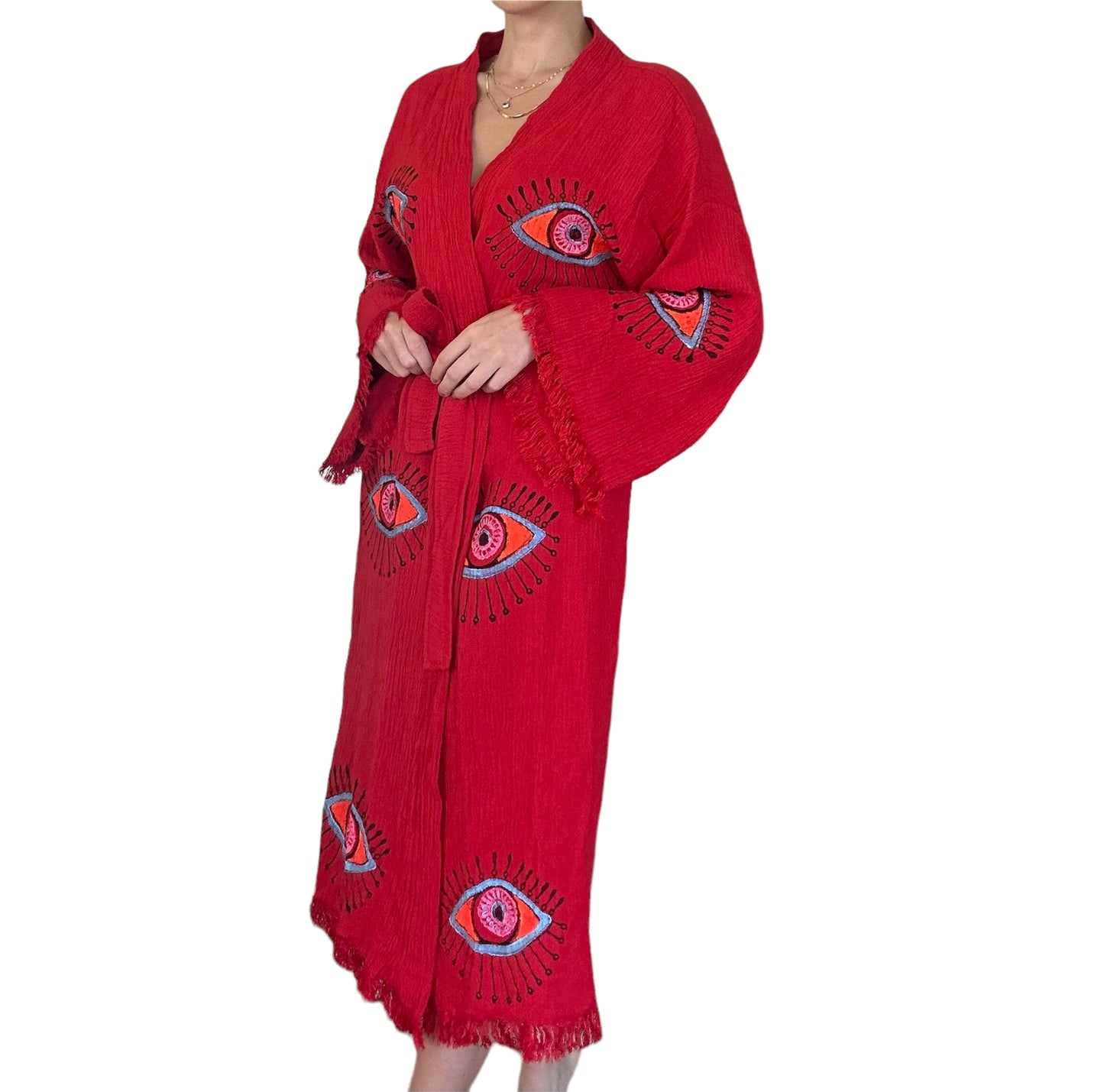 Majestic Red Kimono with Evil Eye Design