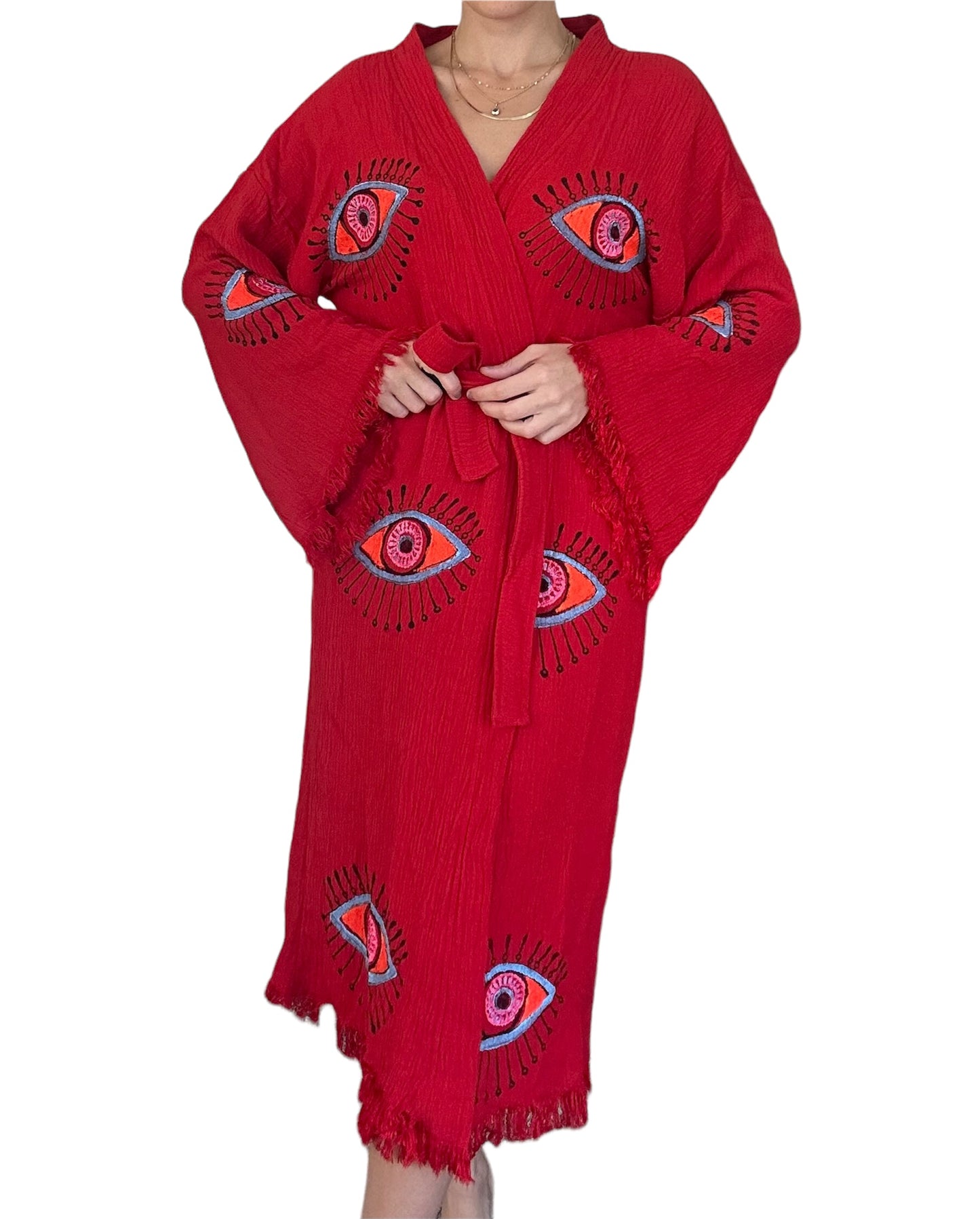 Majestic Red Kimono with Evil Eye Design