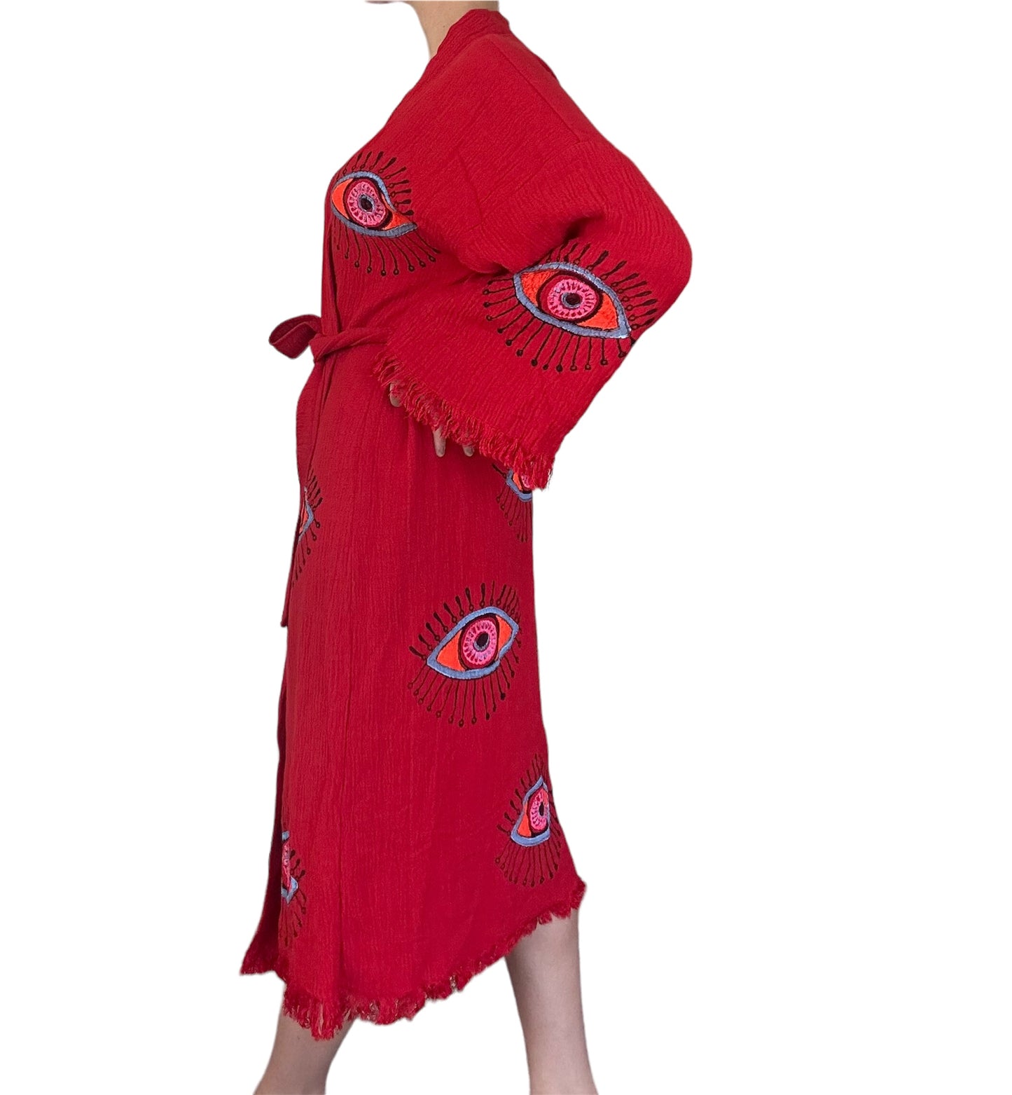 Majestic Red Kimono with Evil Eye Design