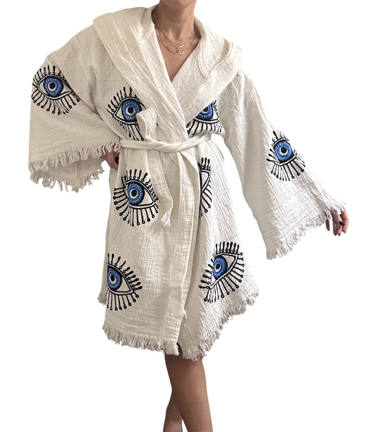 Evil Eye Kimono Robe with Pockets 100% Cotton Hand Painted