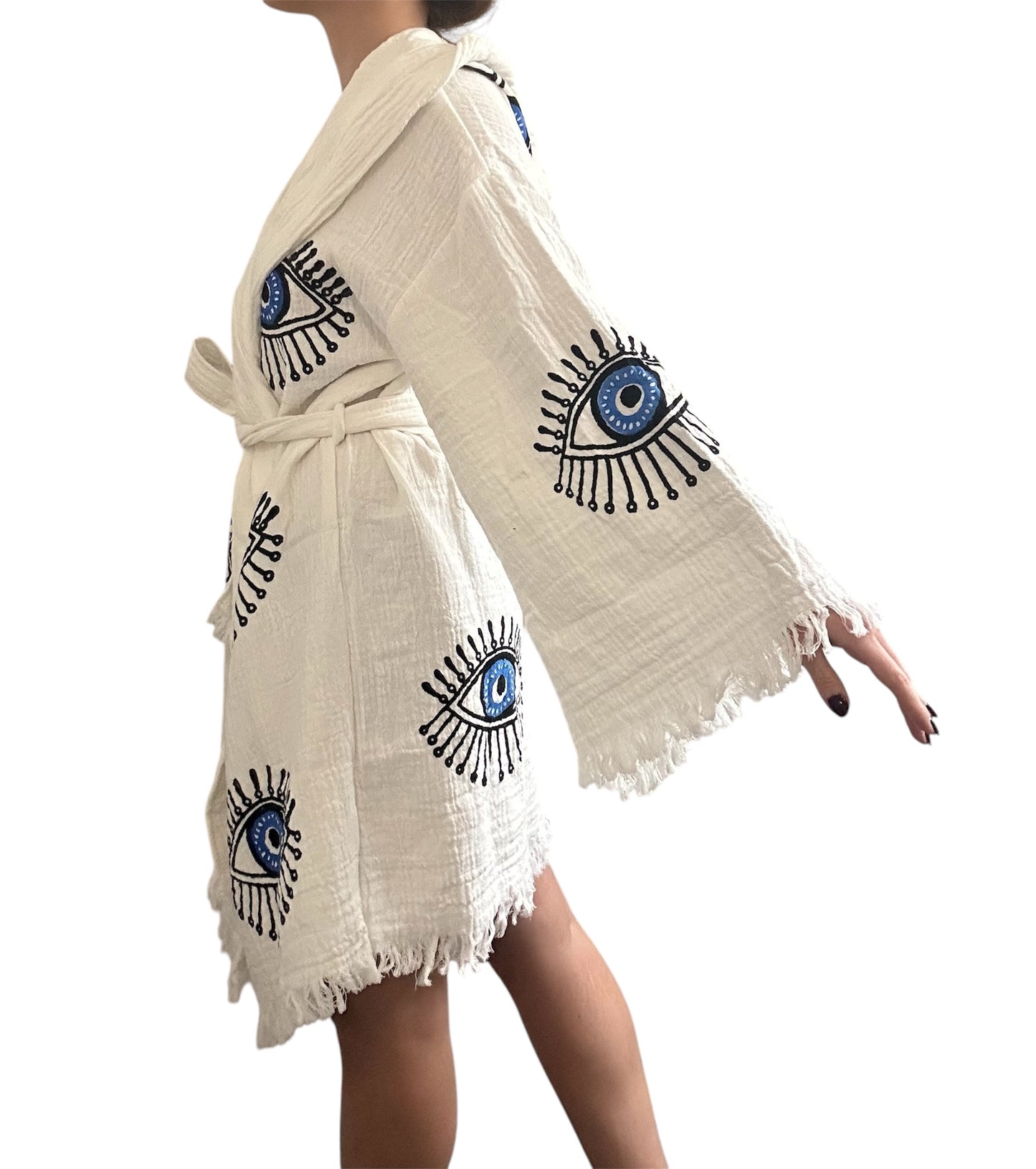 Evil Eye Kimono Robe Courte 100% Coton Oeil Bleu