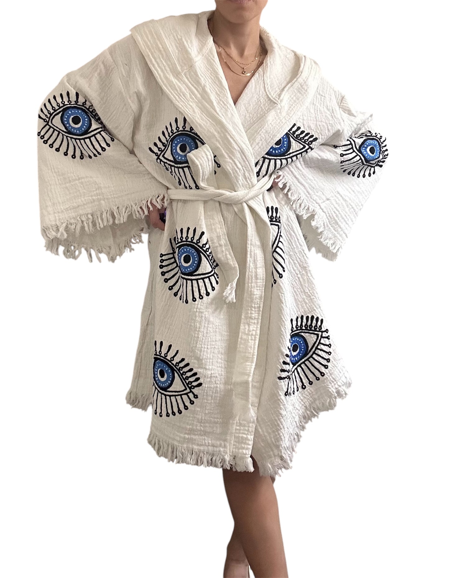 Evil Eye Kimono Robe Courte 100% Coton Oeil Bleu